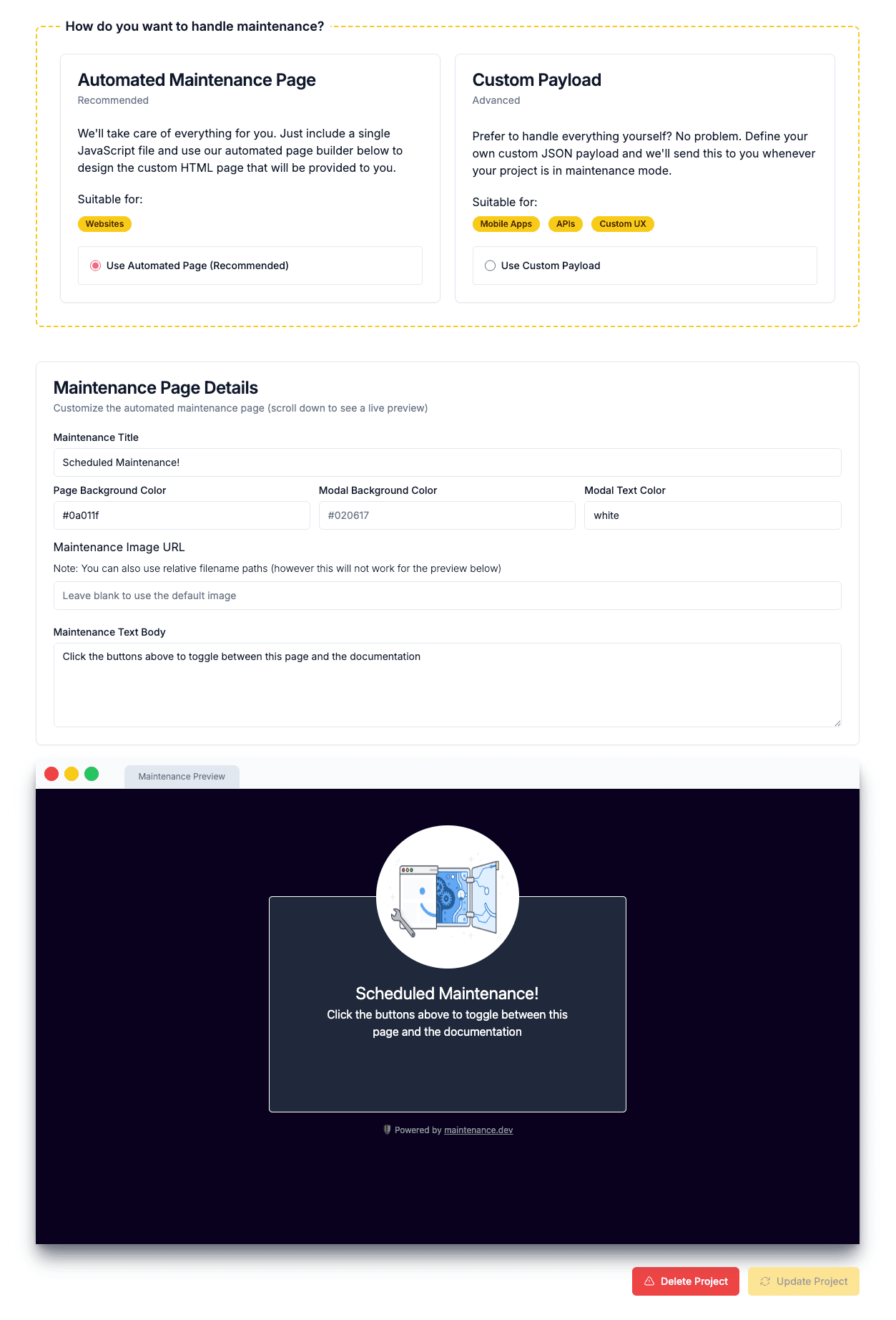Maintenance page builder