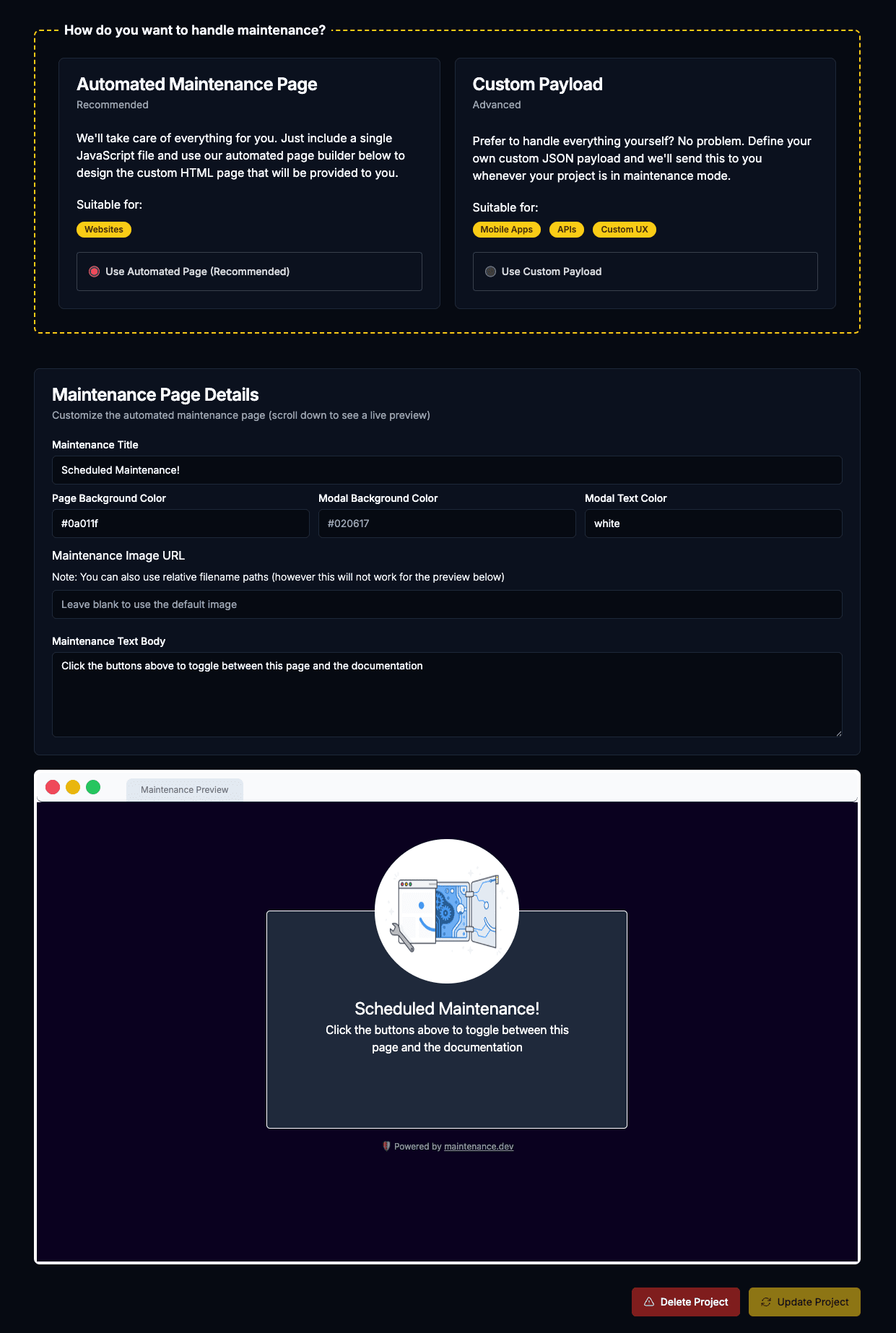 Maintenance page builder